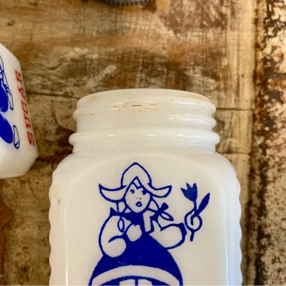 1940s Vintage Milk Glass Salt, Pepper, & Sugar Shakers Dutch Boy Girl Spice Jars - Picture 12 of 13